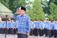 Kakanwil Kemenag Sultra Muhammad Saleh saat memimpin upacara di Taman Makam Pahlawan Watubangga. Foto: Ist